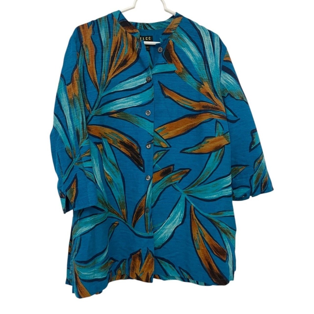 ELCC Blouse‎ Top Womens Size XL Blue 100% Silk Button Up Quarter Sleeve